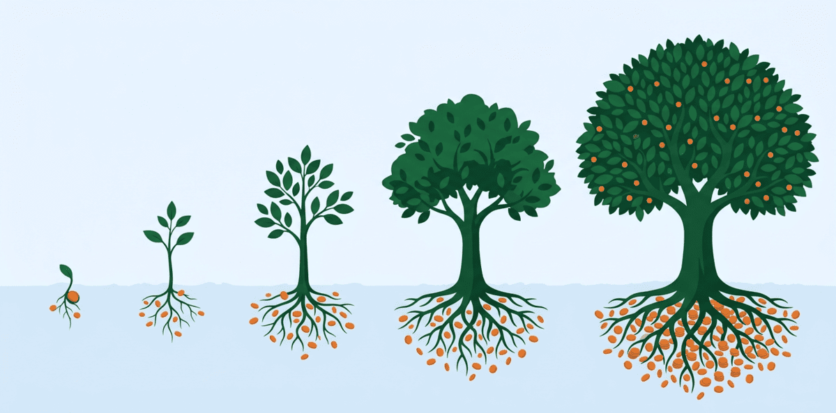 Ilustración del crecimiento del interés compuesto a lo largo del tiempo: de semilla a árbol con frutos