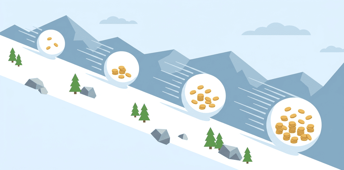 Ilustración de una bola de nieve creciendo cuesta abajo con monedas en su interior, representando el efecto del interés compuesto a largo plazo